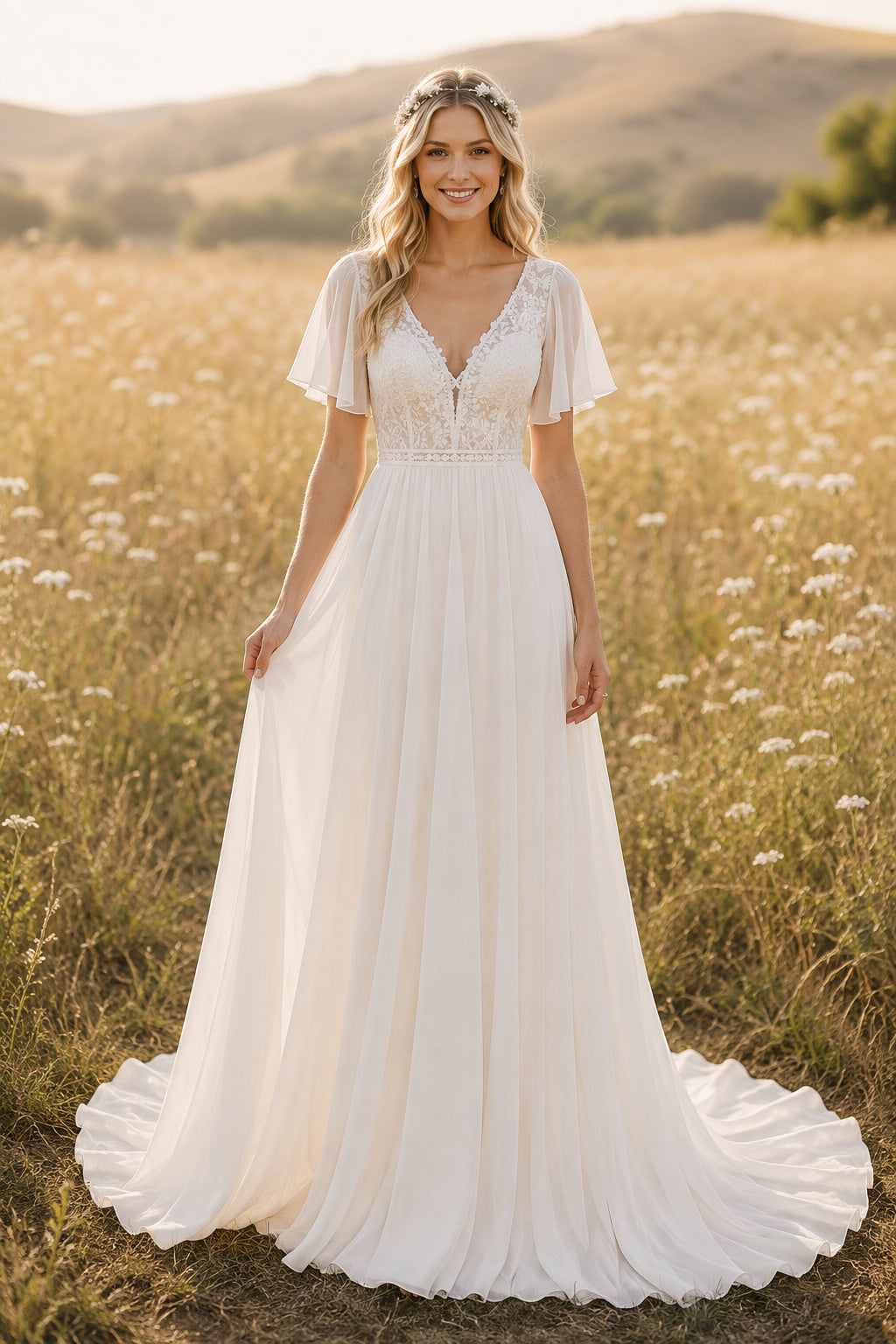 Ivory V-Neck Flutter Sleeve Chiffon A-Line Wedding Dress with Deep V Back and Train Style MG_701197 front view