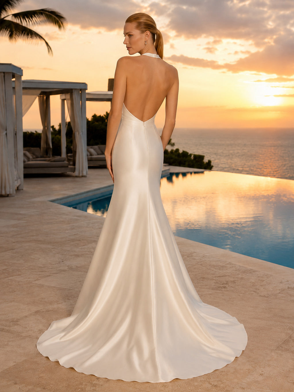 Sunset Destination Draped Cowl Halter Satin Mermaid Backless Chapel Train Wedding Gown back view