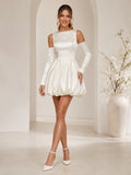Short Square Neck Bubble Hem Bridal Mini Dress front view