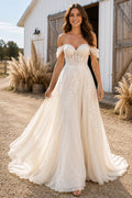 Ivory Off-the-Shoulder Lace A-Line Wedding Dress with Sweetheart Bodice and Train front view