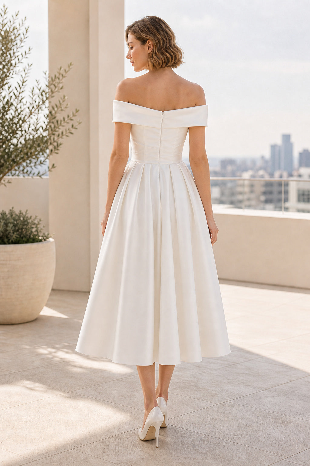 Champagne Square A-Line Chiffon Floor-length Wedding Dress With Layered Skirt and Beaded Bodice and Open Back