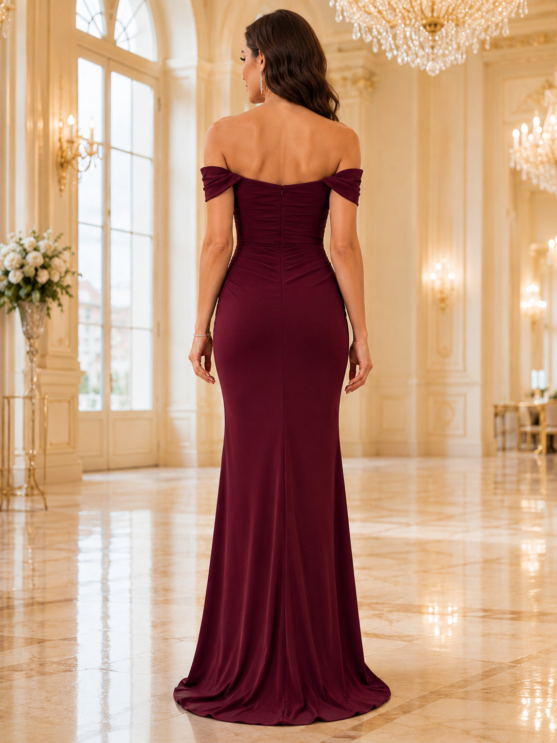 Burgundy Off Shoulder Crepe Sheath Formal Evening Dress back view