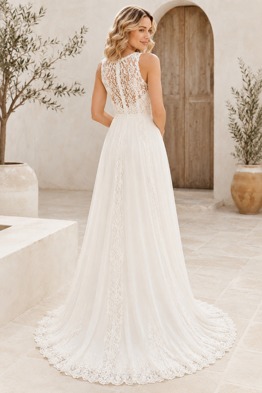 Ivory High Neck Sleeveless Lace A-Line Wedding Dress with Sheer Back and Train back view
