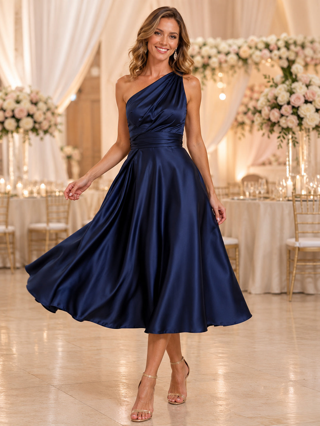 Dark Navy One Shoulder Satin A Line Tea Length Guest Dress front view
