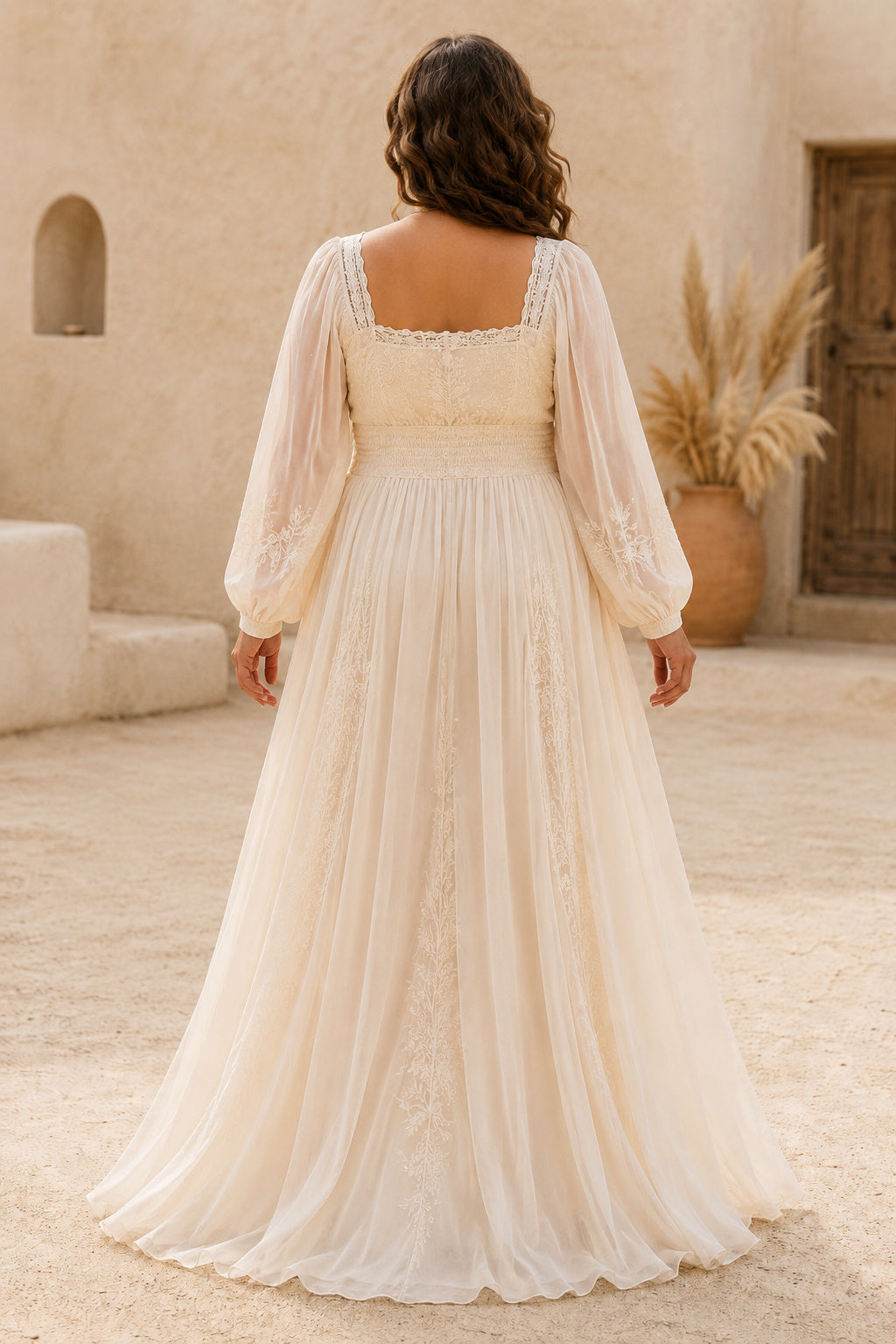 Plus Size Square Neck Long Sleeve Boho Wedding Dress with Lace Bodice back view