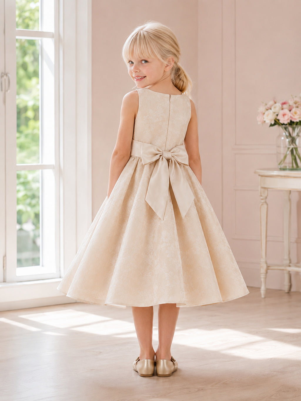 Adorable Flower Girl A-Line Satin Square Neck Sleeveless Tea-Length Bow Party Dress back view