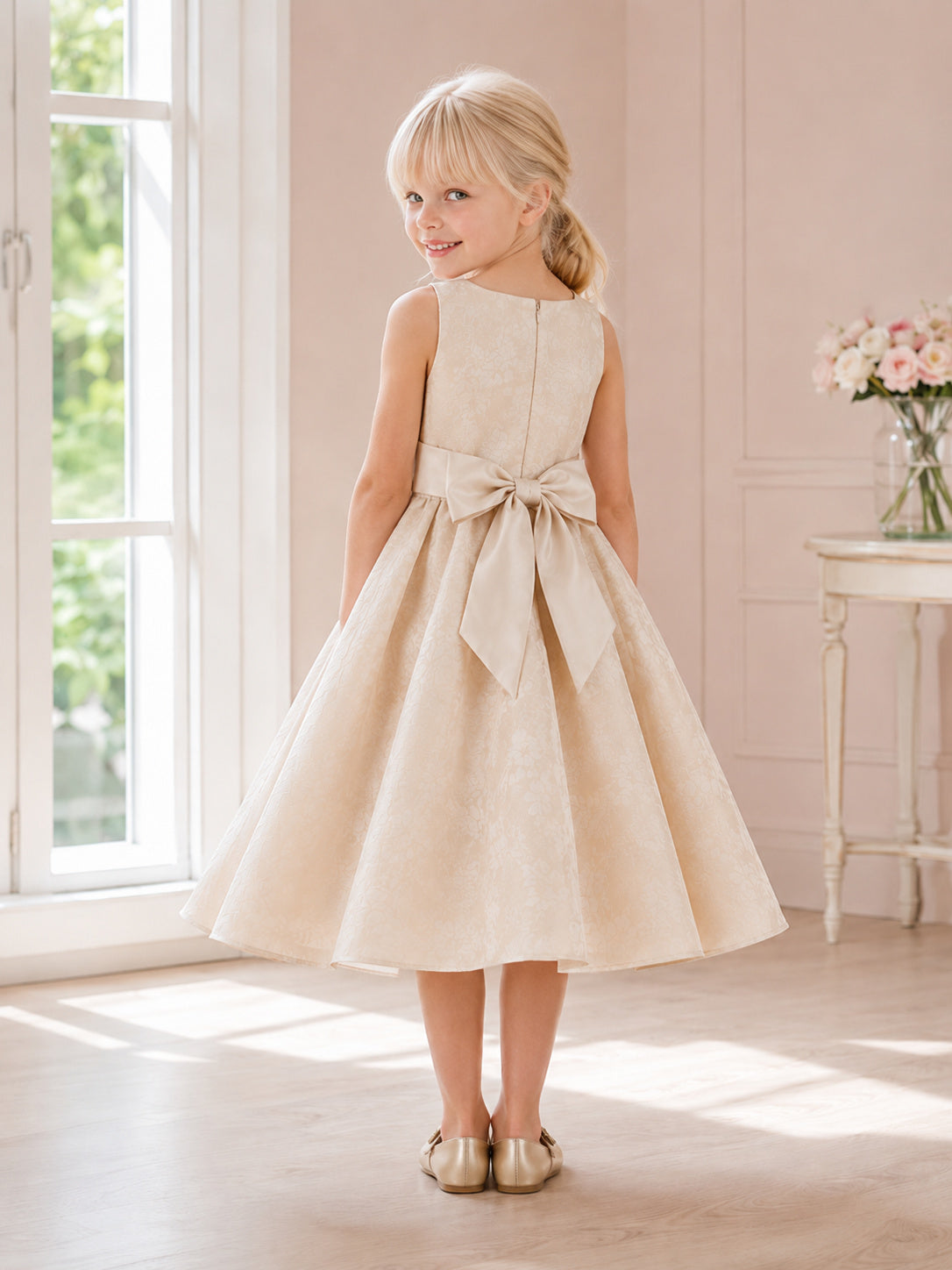 Adorable Flower Girl A-Line Satin Square Neck Sleeveless Tea-Length Bow Party Dress back view