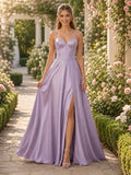 Lavender Sweetheart Spaghetti Strap Satin A-Line Slit Graduation Prom Dress front view
