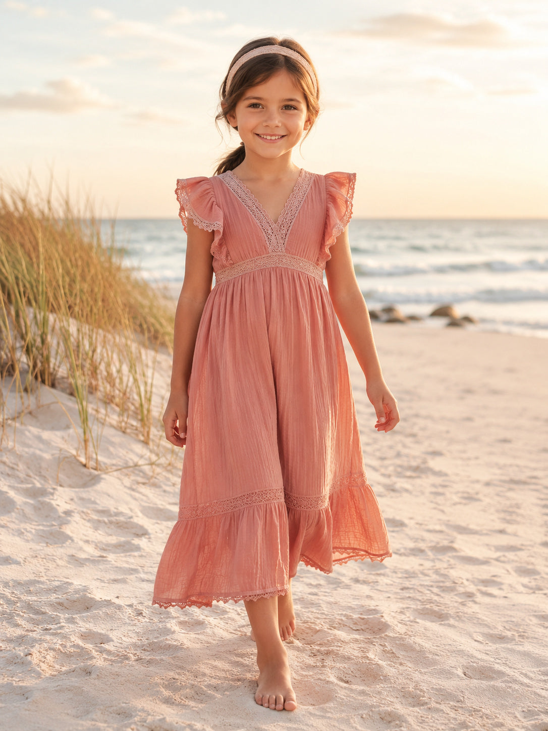Beach Coral Flutter Sleeve Chiffon Tea-Length A-Line Flower Girl Dress with V-neck Neck and Ruffle Detail front view