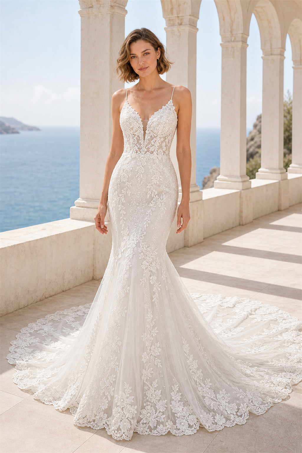 White Halter A-Line Lace Floor-length Wedding Dress With Lace and Layered Skirt and Open Back