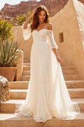 Off the Shoulder Bell Sleeve A-Line Wedding Dress with Lace Bodice and Chiffon Train front view