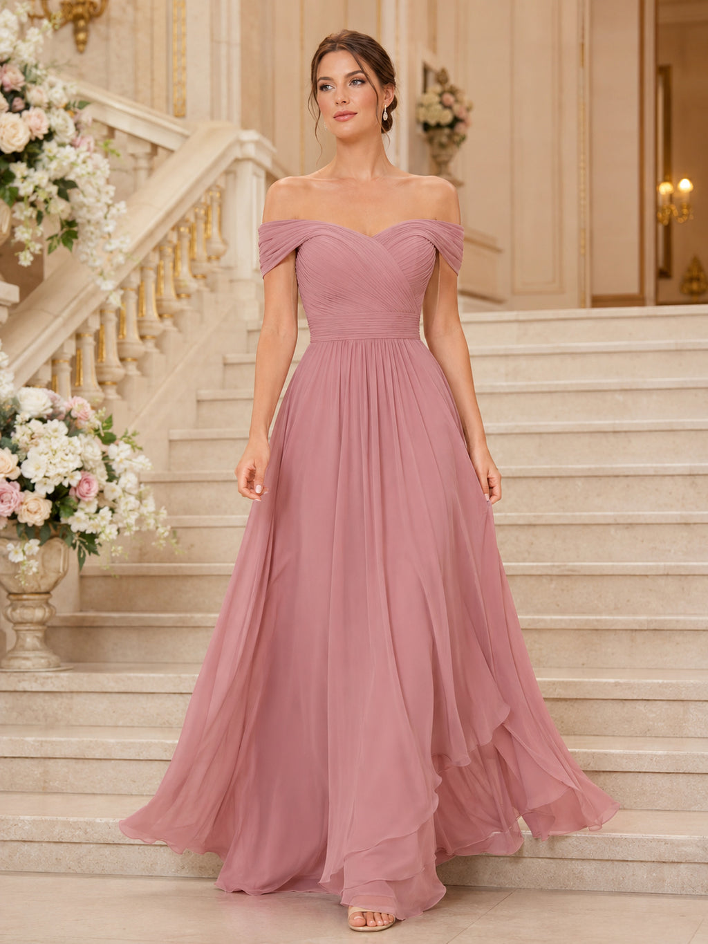 Dusty Rose Evening Gala Wedding Guest Bridesmaid Evening Formal Dress A-Line Floor-Length Off-Shoulder Sweetheart Neck Sleeve