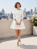 Minimalist Satin Wedding Dress Sheath Bateau Neck 3/4 Sleeve Bridal Gown front view
