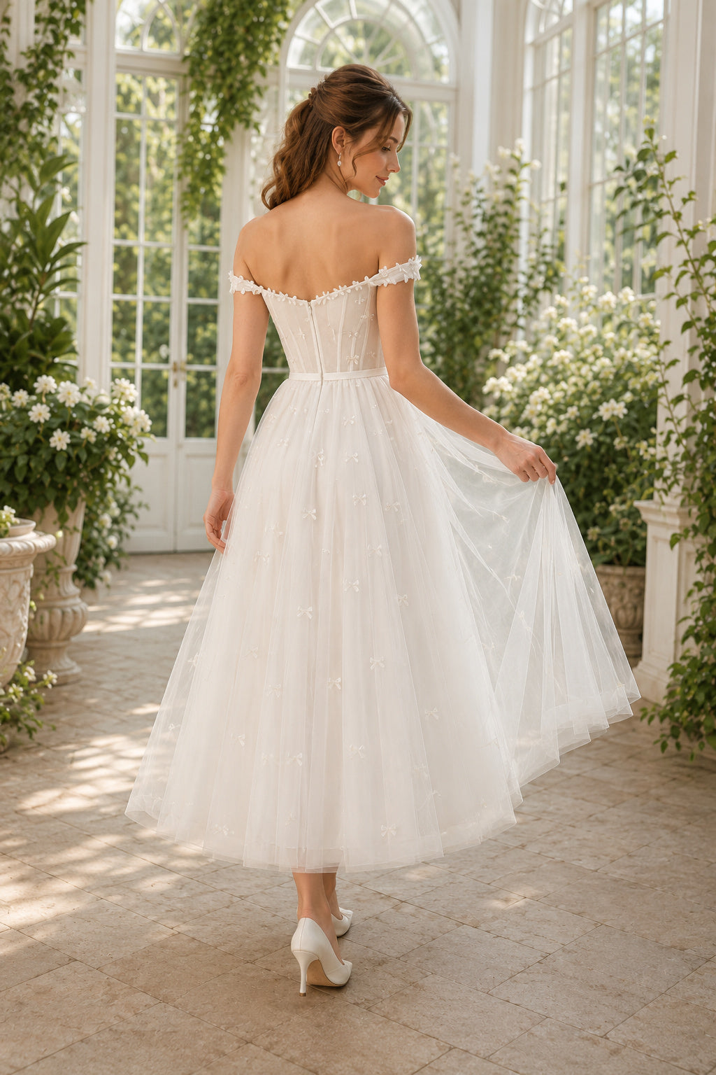 White Off-the-Shoulder Tea-Length Tulle Wedding Dress back view