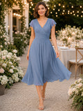 Steel Blue V-neck Chiffon Rehearsal Dinner Dress front view