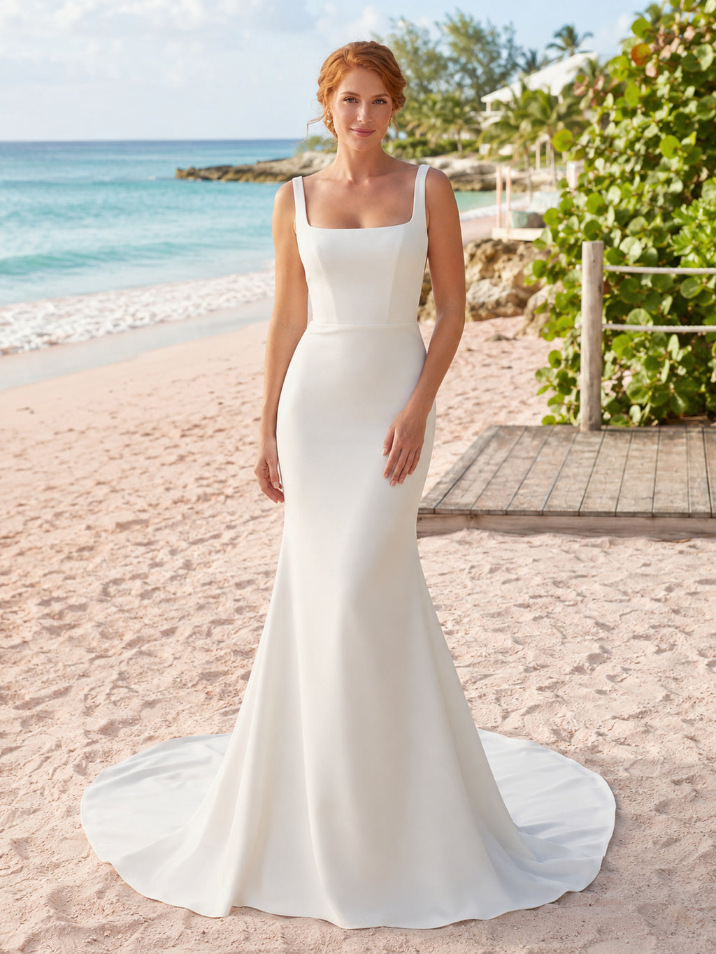Square Neck Wide Strap Satin Mermaid Button Back Chapel Train Wedding Dress front view