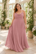 Dusty Rose Plus Size Cowl Neck Chiffon A-Line Bridesmaid Dress with Spaghetti Straps front view