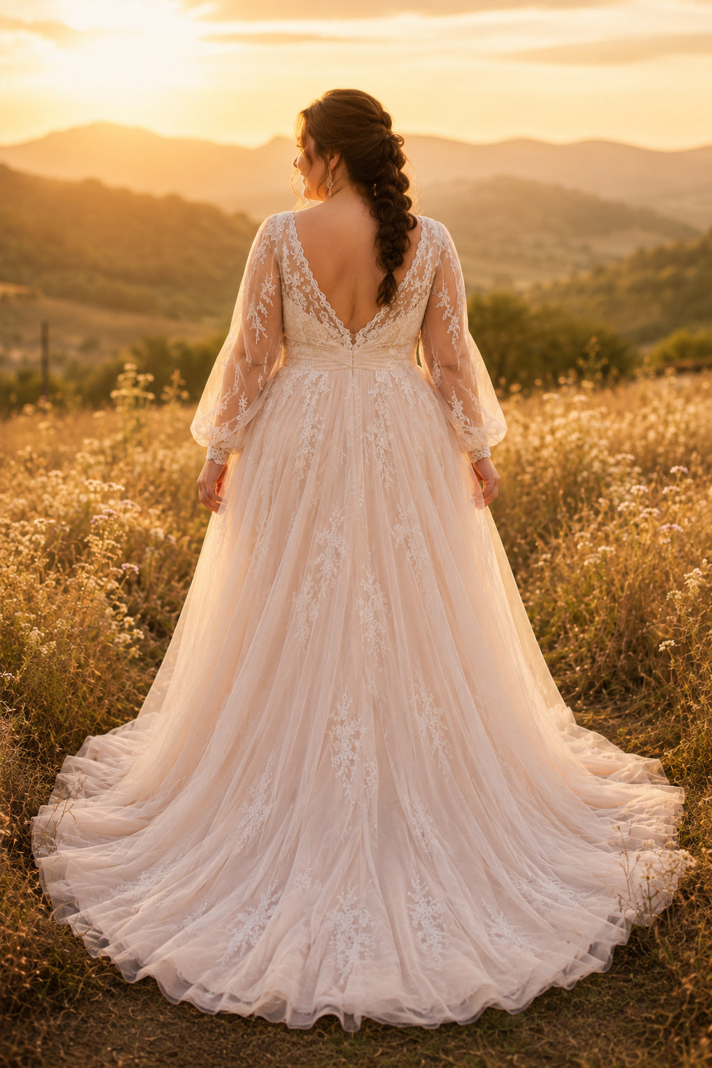 Plus Size Long Sleeve Lace A-Line Wedding Dress with Blush Ivory Tulle back view