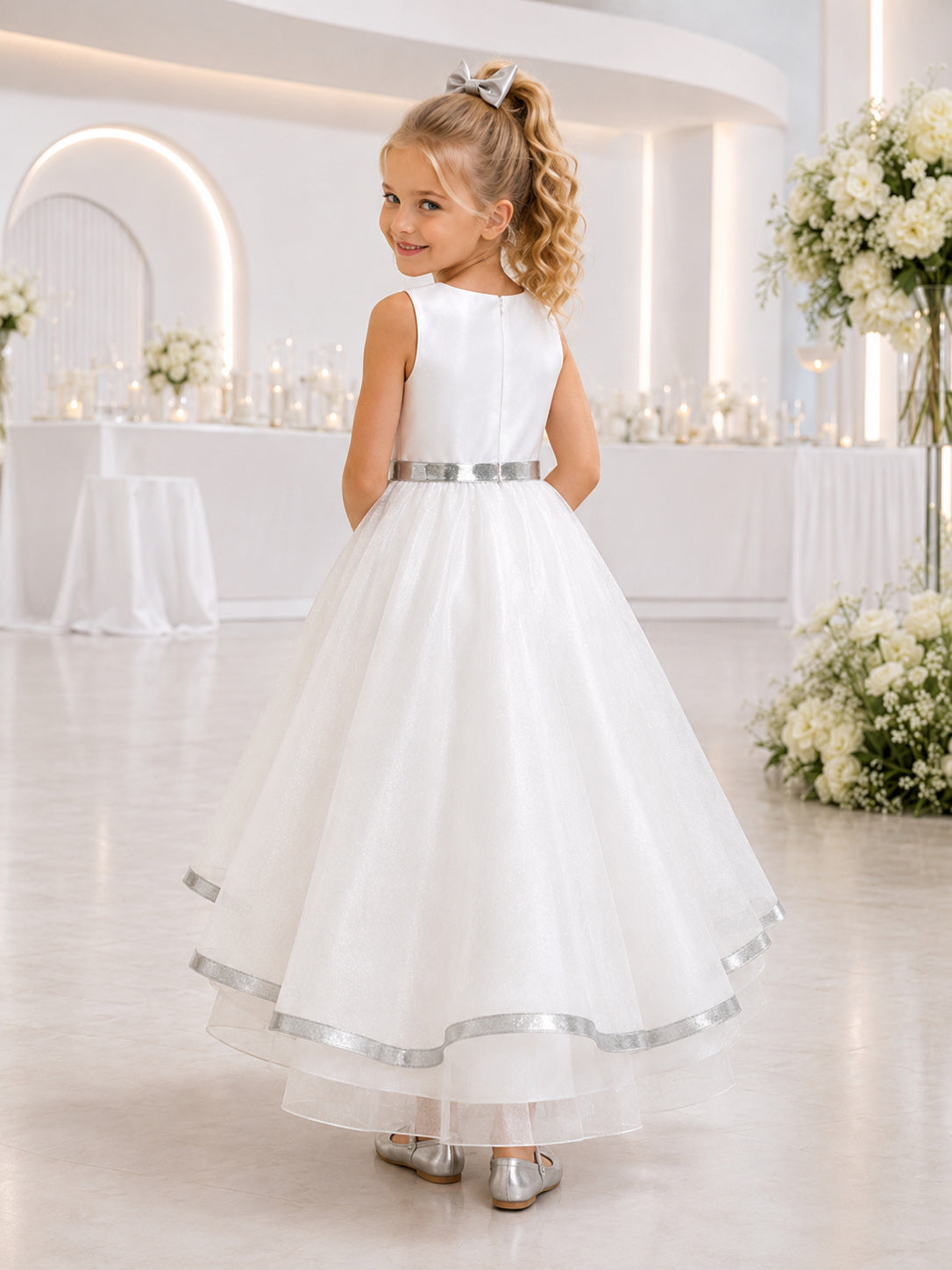 White Flower Girl Dress High-Low Organza A-Line Sleeveless Jewel Neck Silver Ribbon Layered Hem back view