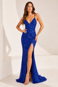 Royal Blue Spaghetti Strap Sequin Mermaid Formal Dress with V-Neck and Slit front view