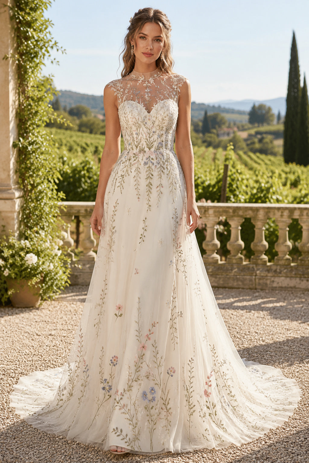 Ivory Illusion High Neck Floral Embroidered A-Line Wedding Dress with Sweep Train front view