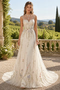 Ivory Illusion High Neck Floral Embroidered A-Line Wedding Dress with Sweep Train front view