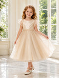 Elegant A-Line Flower Girl Champagne Tulle Knee-Length Flutter Sleeve Jewel Neck Sash Dress front view