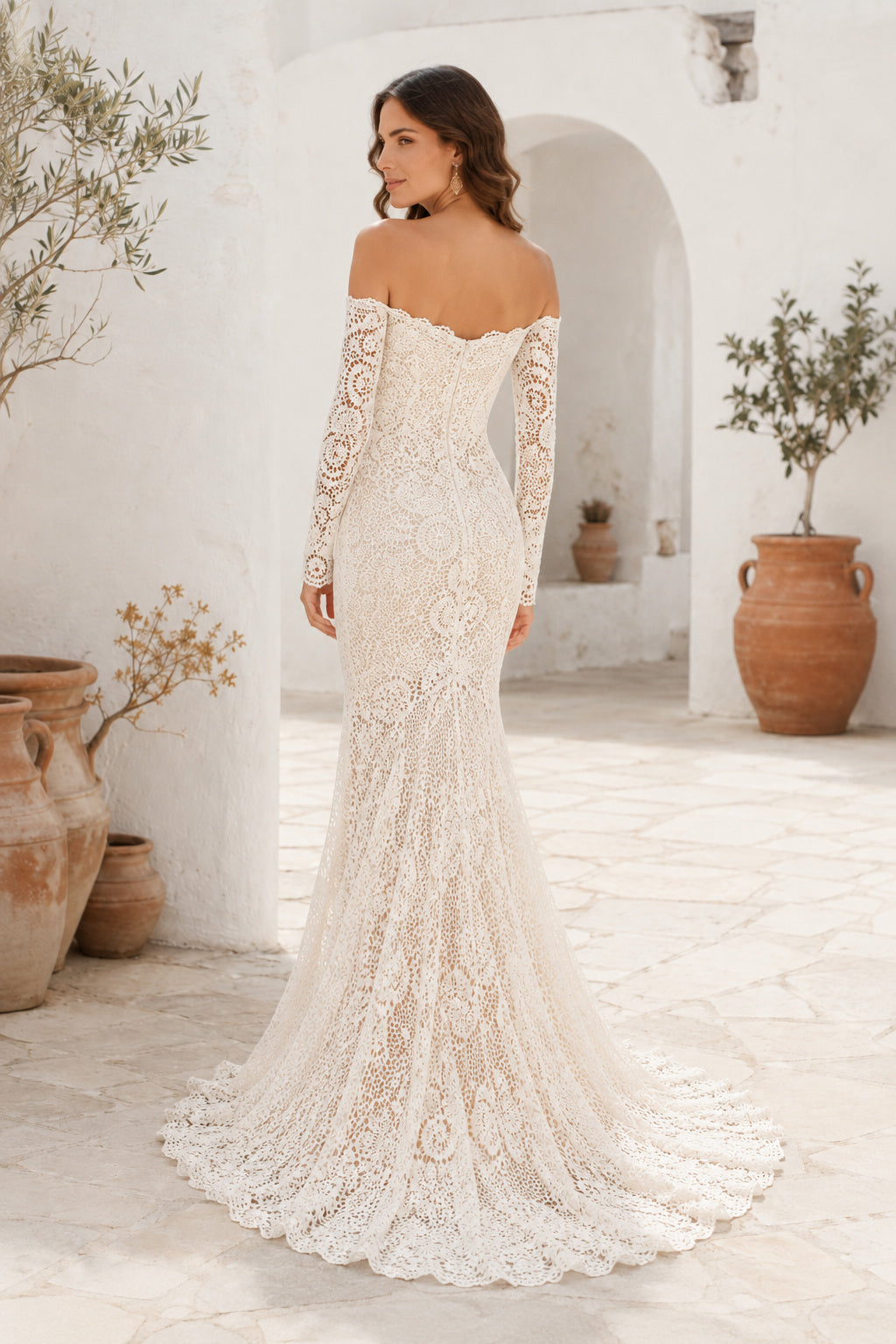 Ivory Off-the-Shoulder Long Sleeve Mermaid Lace Wedding Dress with Sweep Train back view