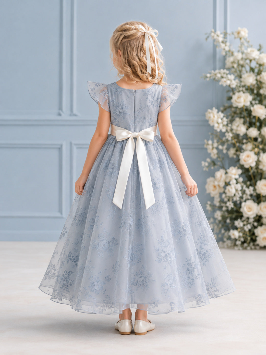 Steel Blue Floral Organza Jewel Neck Petal Sleeve Bow-Back Ankle-Length A-Line Flower Girl Dress back view