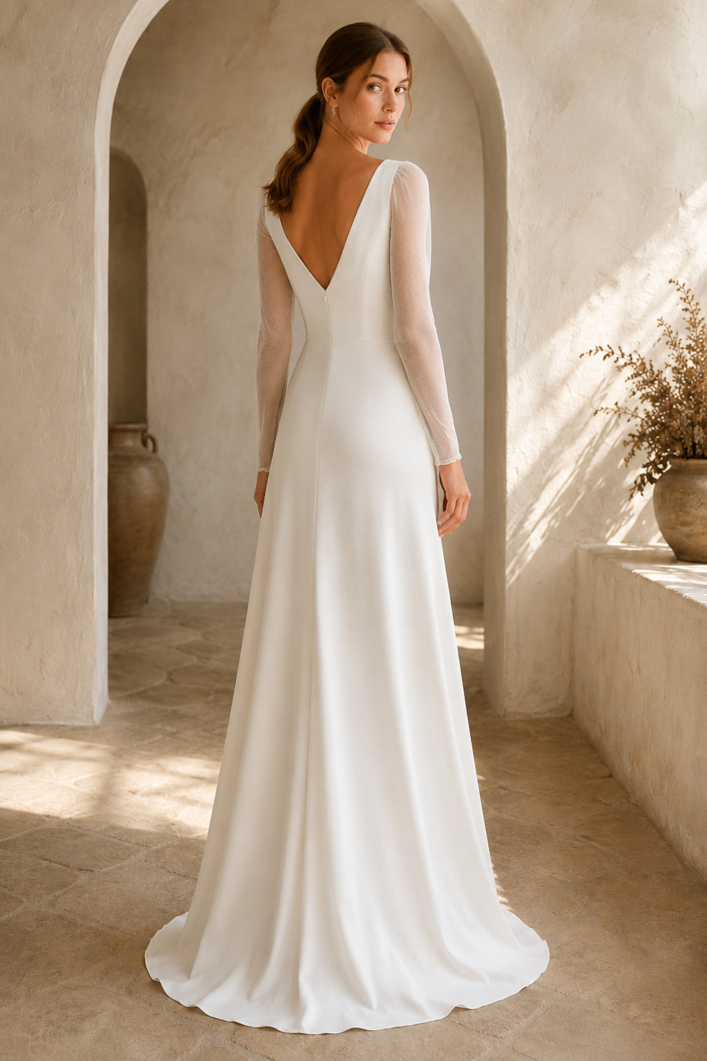 Ivory V-Neck Long Sleeve Stretch Satin Sheath Wedding Dress with Low Back back view