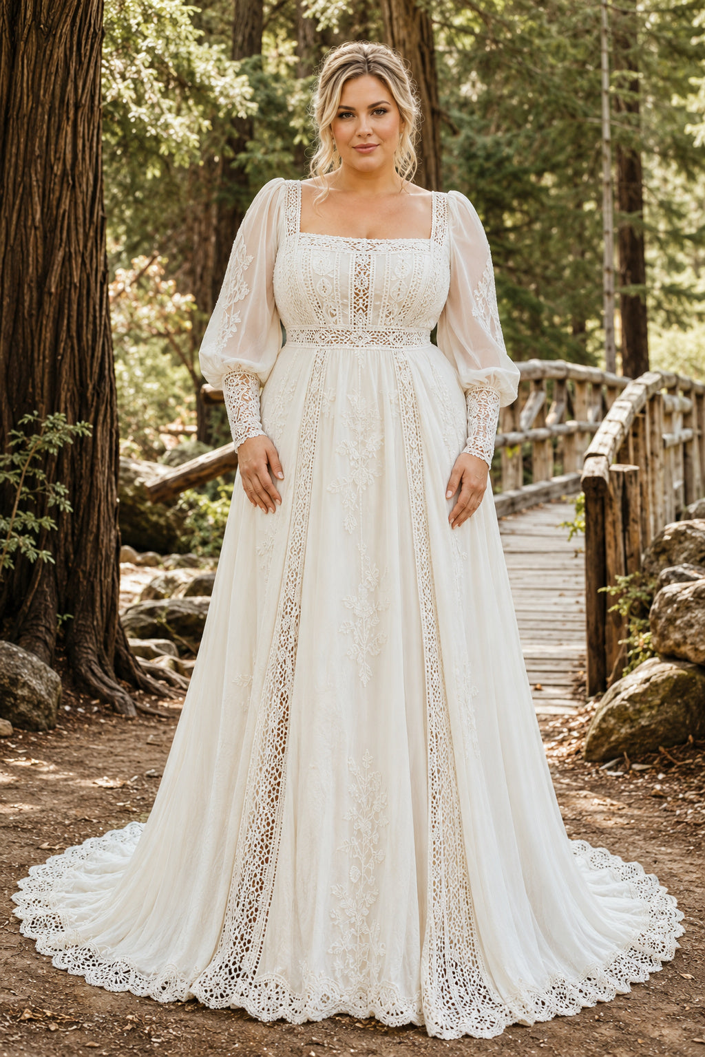 Ivory Plus Size Square Neck Chiffon A-Line Wedding Dress with Bishop Sleeves and Lace Panels front view