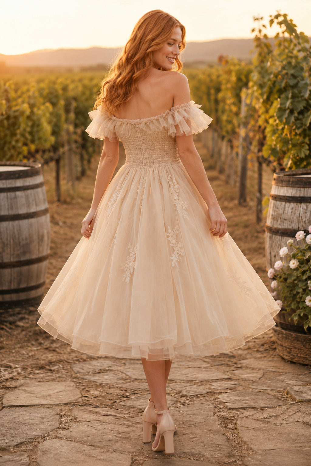 Champagne Off Shoulder Puff Sleeve Smocked Bodice with Tulle Skirt Tea Length A-Line Homecoming Dress back view