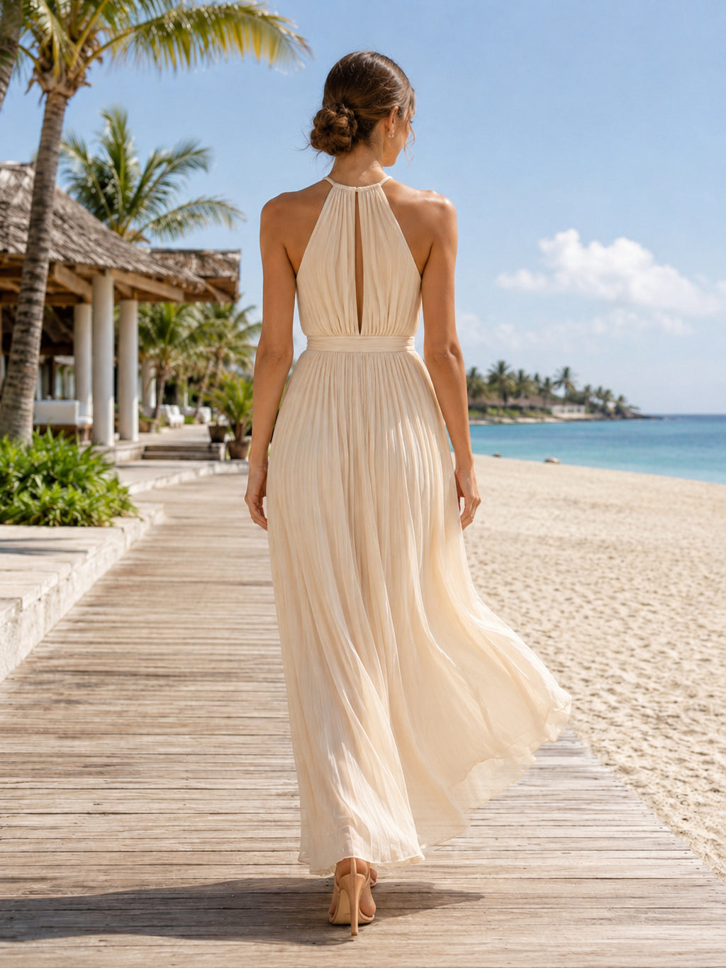 Champagne halter gathered chiffon oceanfront guest maxi dress back view
