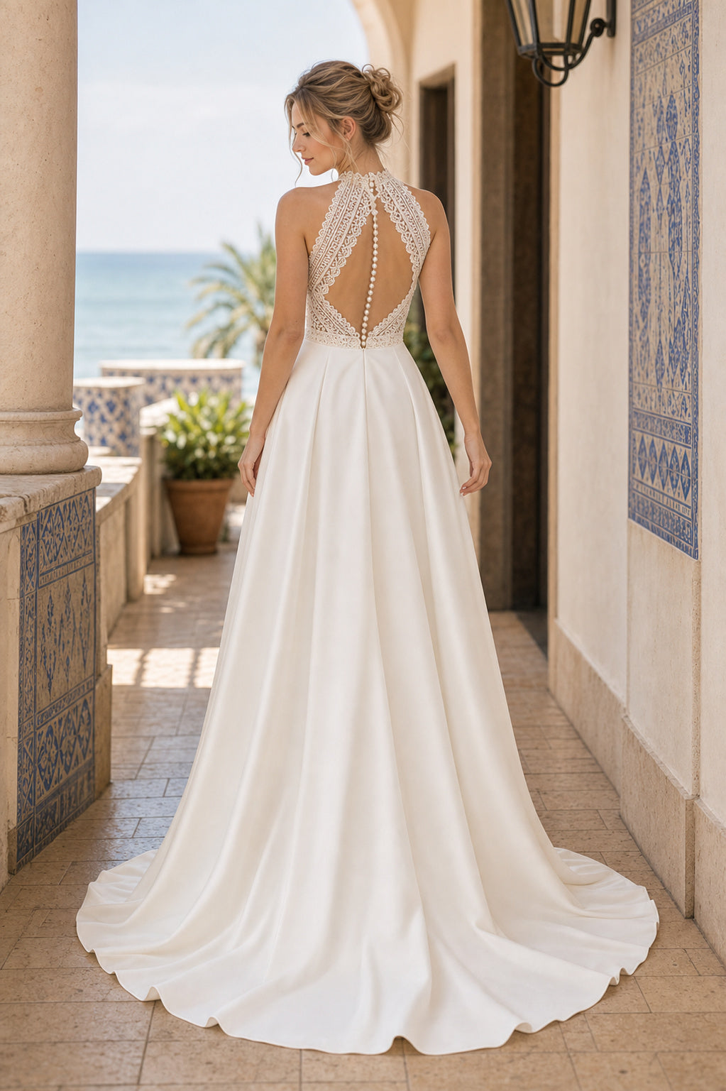 Ivory Halter A-Line Crepe Floor-length Wedding Dress With Floral Appliques and Front Slit and Open Back Lace Hem Detail