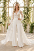 Ivory V-Neck Bishop Sleeve Lace Satin Floor-Length Bridal Jumpsuit with Bishop Sleeves and Chapel Overskirt front view