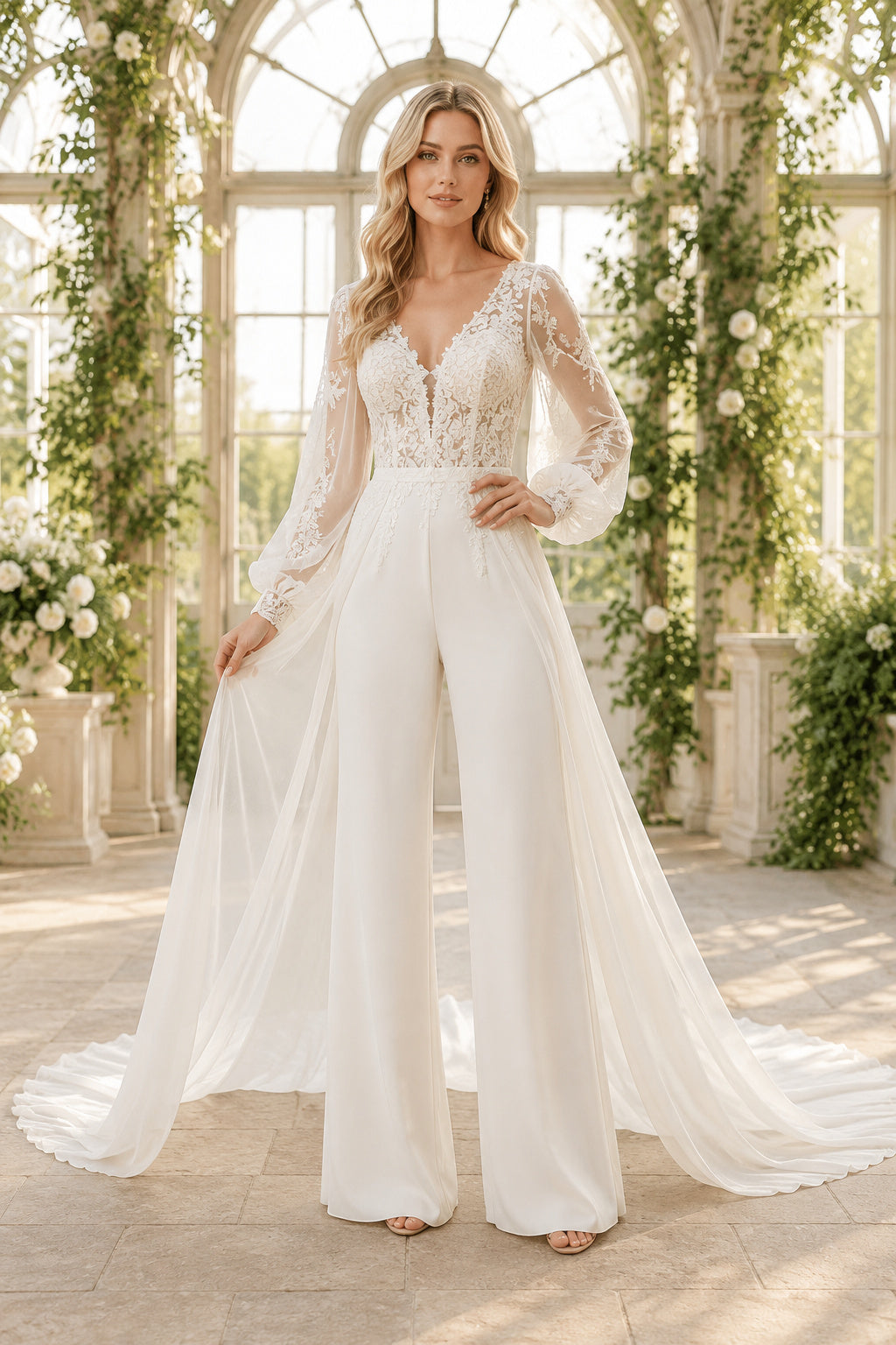 Ivory V-Neck Bishop Sleeve Lace Satin Floor-Length Bridal Jumpsuit with Bishop Sleeves and Chapel Overskirt front view