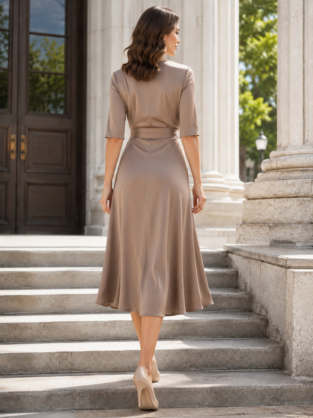 Taupe Wrap V Neck Half Sleeve Ceremony Midi Dress back view
