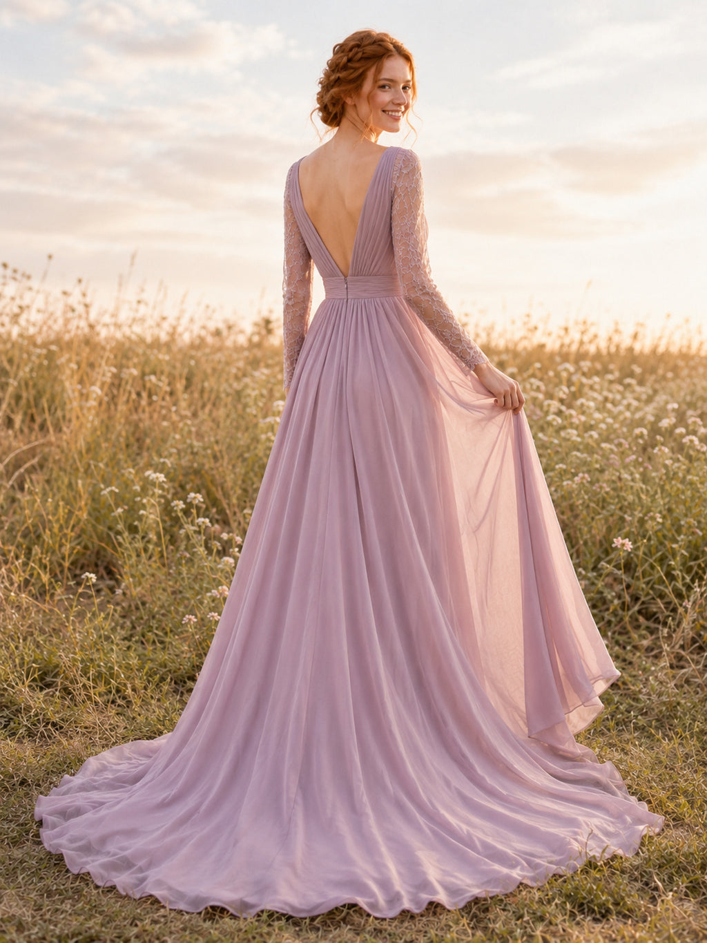 Mauve V Neck Long Sleeve Pleated Chiffon A Line Wedding Gown back view