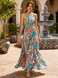 Turquoise floral one shoulder chiffon resort maxi dress front view