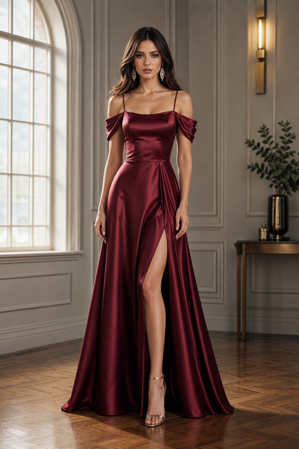 Burgundy Off-the-Shoulder Floor-Length Satin Sheath Dress