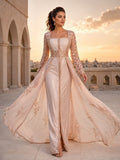 Luxury Oriental A Line Long Sleeve Embroidered Color Bridal Wedding Gown front view