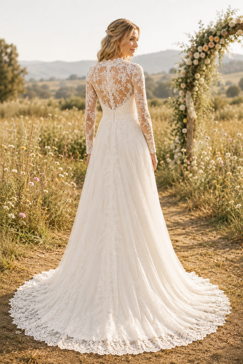 High Neck Long Sleeve A-Line Wedding Dress with Lace Bodice and Chapel Train for Beach Garden Ceremony back view