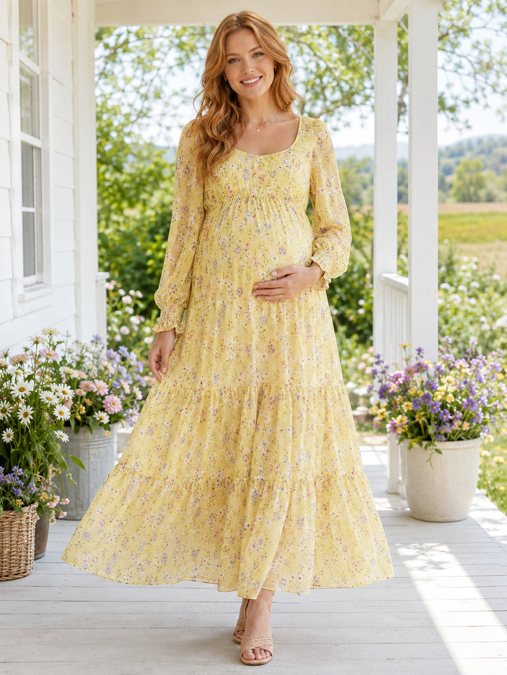 Daffodil Floral Maternity Long Poet Sleeve Tiered A-Line Ankle Length Spring Dress front view
