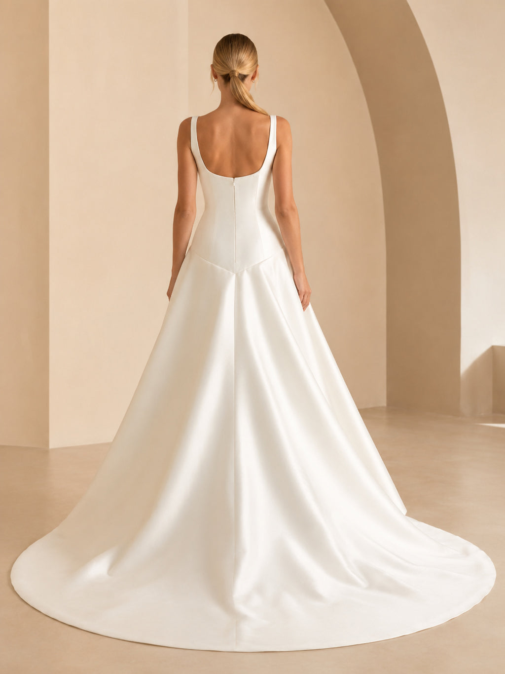 Scoop Neck Satin Drop Waist Chapel A Line Gown back view