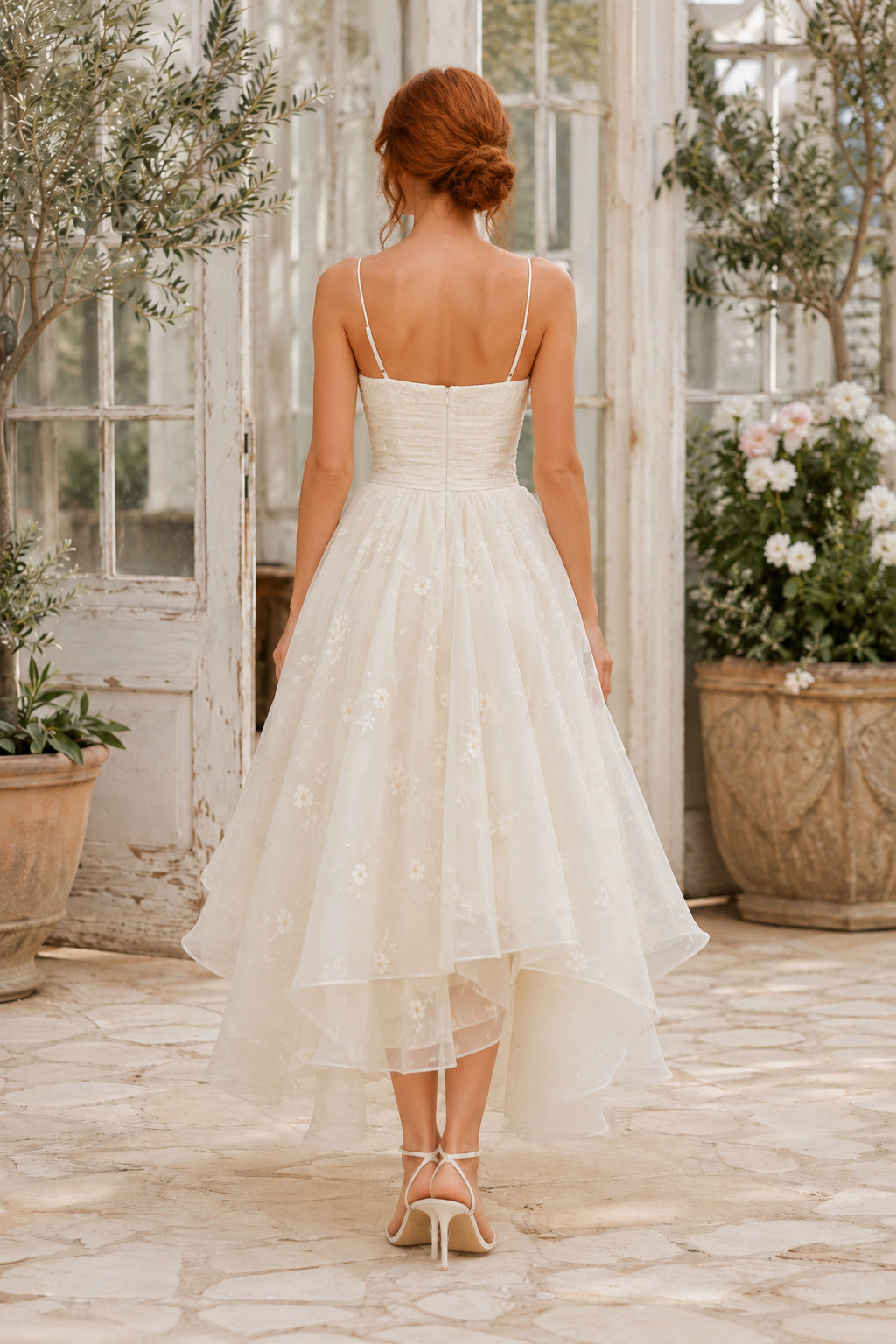 Ivory Square Spaghetti Strap Sleeveless Organza Tulle Tea-Length Wedding Dress with Layered Tulle Skirt and Spaghetti Straps