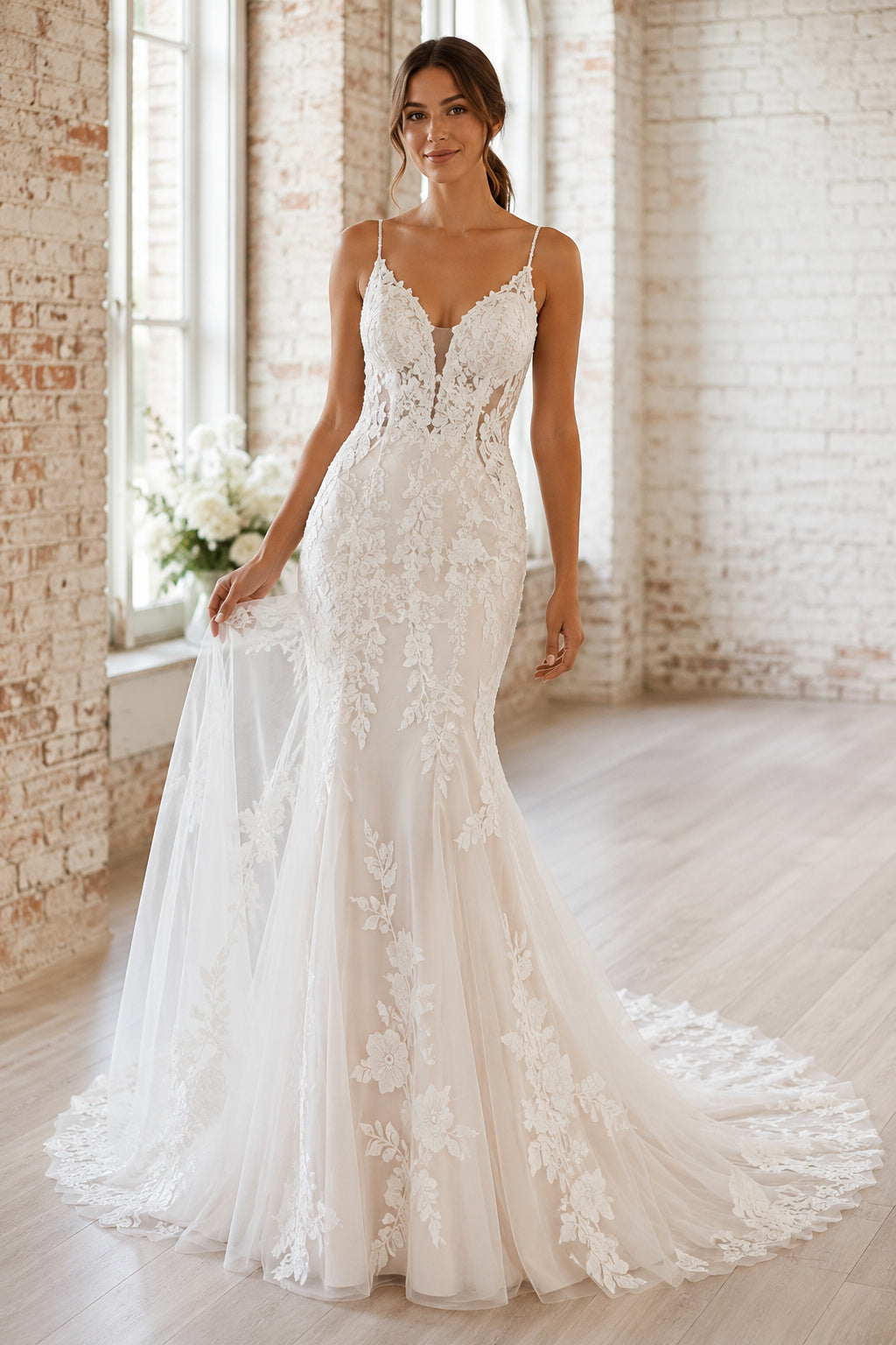 Wedding Mermaid Lace Dress with Spaghetti Straps and Chapel Train front view