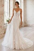 Wedding Mermaid Lace Dress with Spaghetti Straps and Chapel Train front view