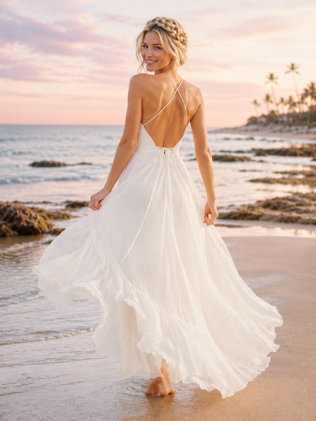 Cross Strap Chiffon Beach Bridal High Slit Gown back view