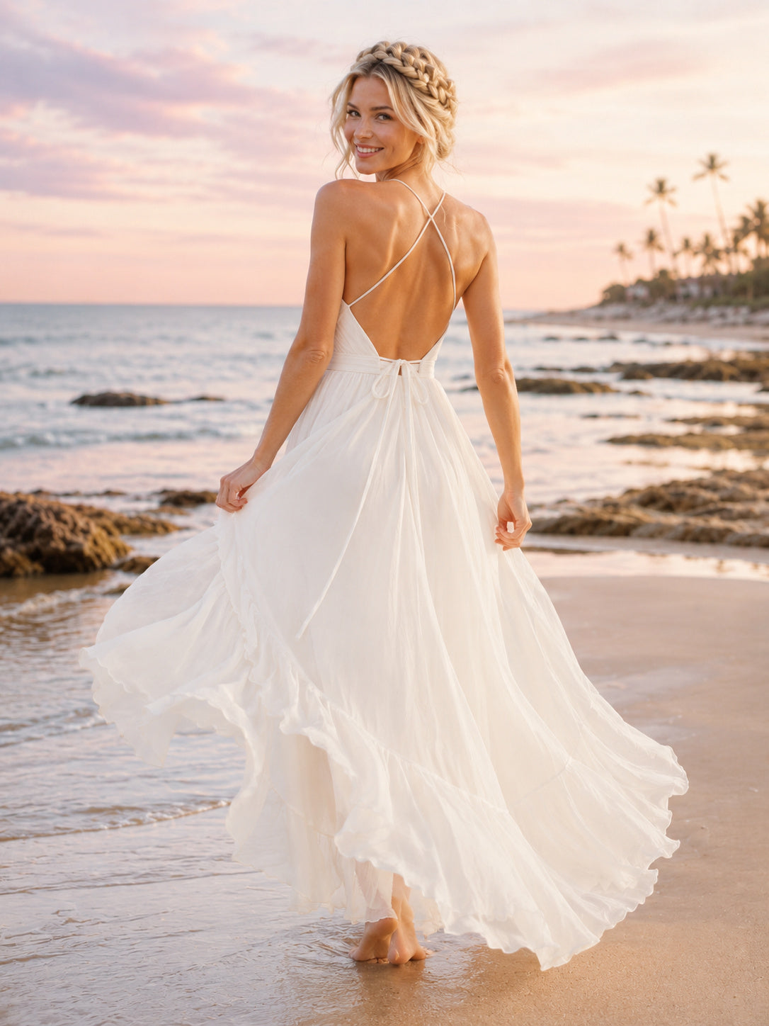 Cross Strap Chiffon Beach Bridal High Slit Gown back view