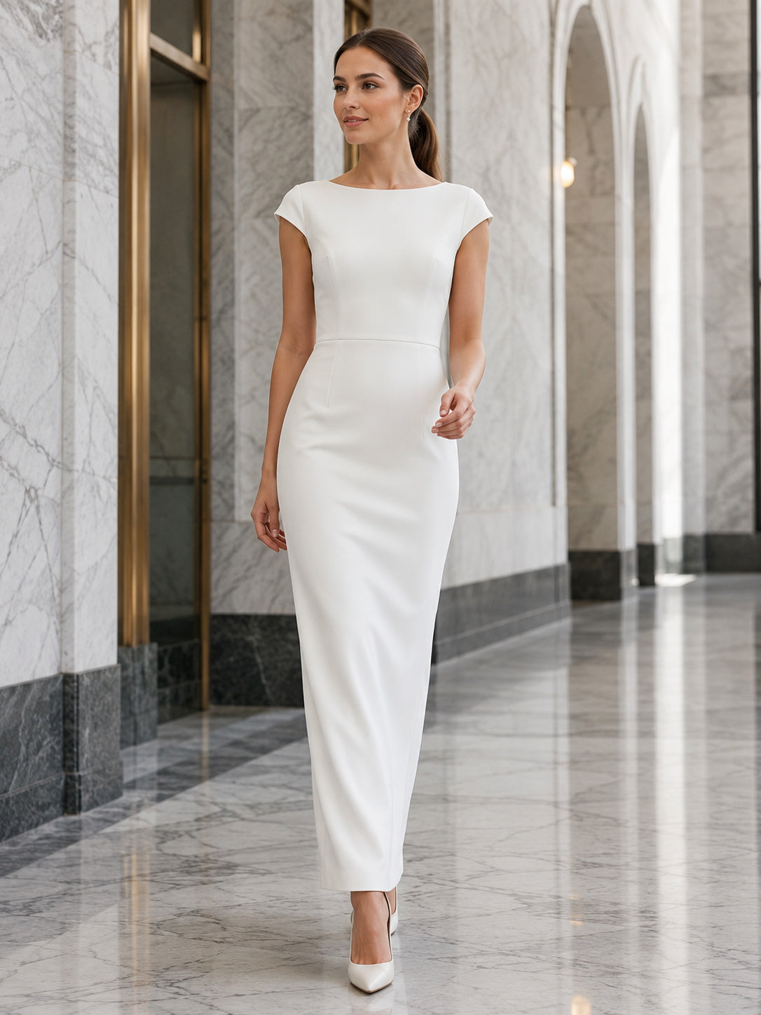 Courthouse Wedding Minimalist Bateau Neck Cap Sleeve Column Floor Length Dress front view